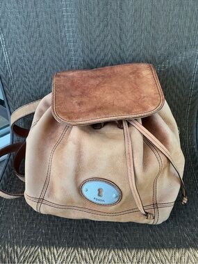 Fossil Tan Leather Drawstring Backpack